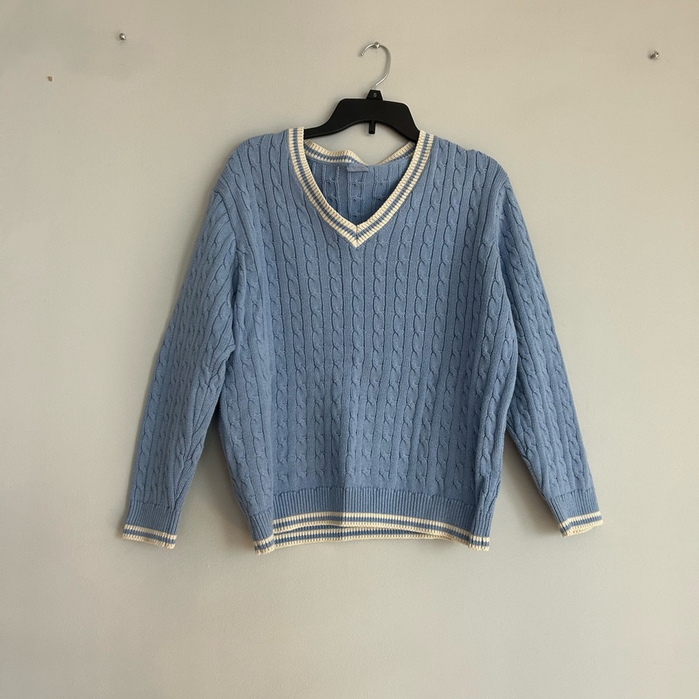 Blue Cable Knit V-Neck Sweater